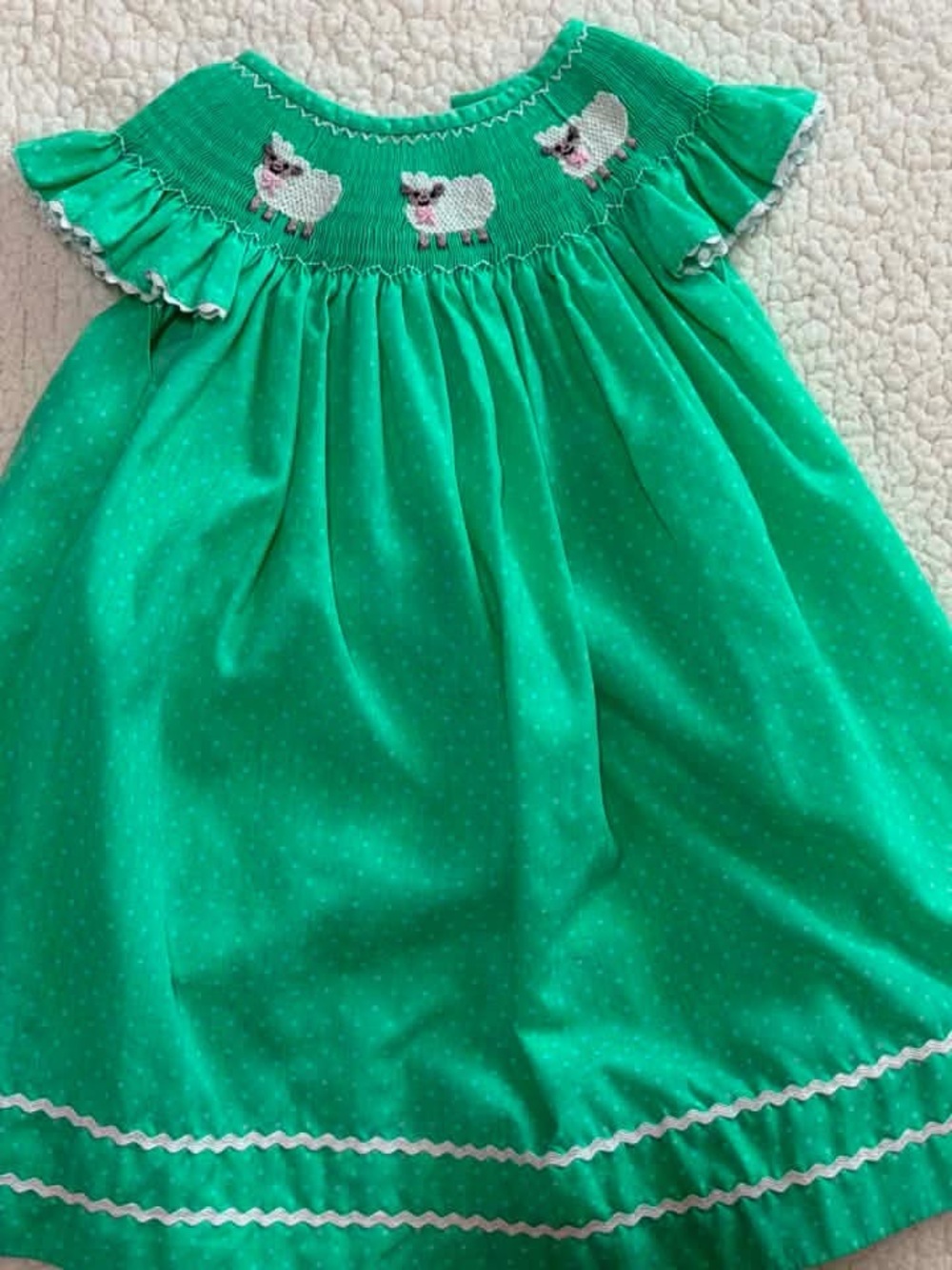 Smocked Green Baby Dress with Sheep Motif